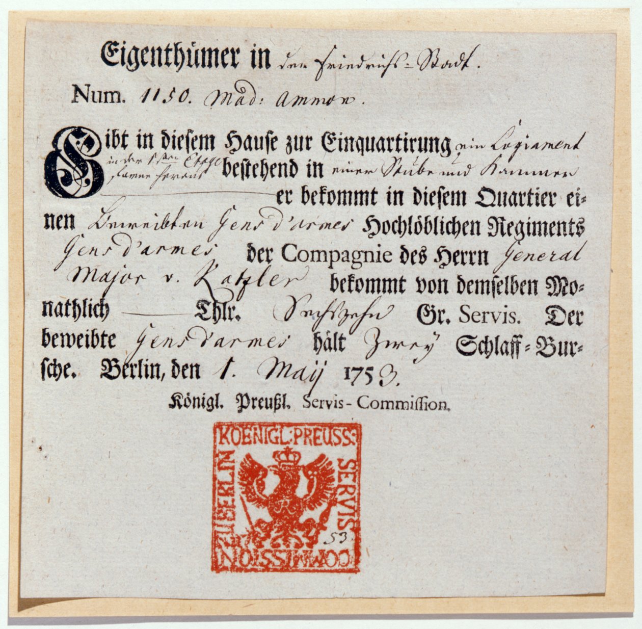 Billetkupon, 1759 (tryk og pen og blæk) af German School