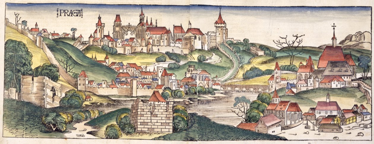 Fugleperspektiv af Prag fra Nürnberg-krøniken af Hartmann Schedel (1440-1514) 1493 af German School