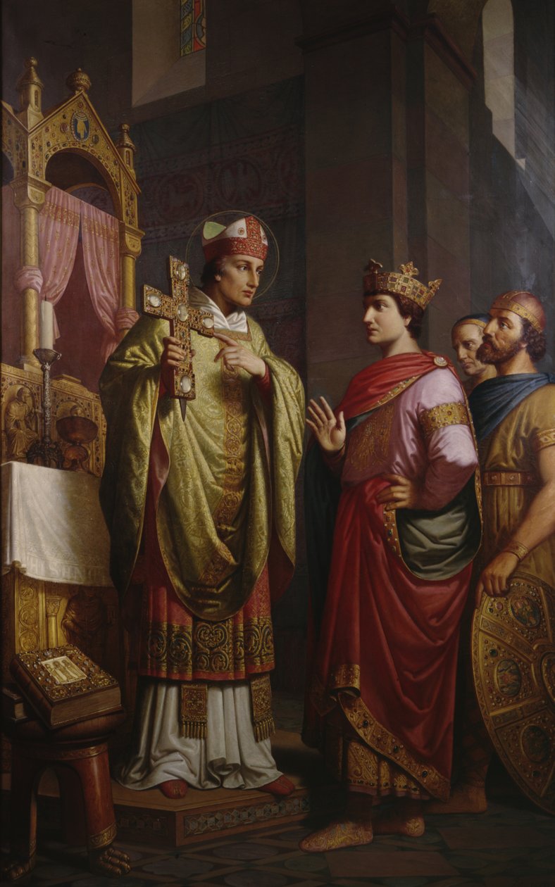 Biskop Bernward viser kejser Otto III sit kors af German School