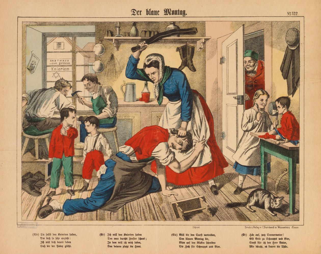 Blå mandag - en skomagerkone slår sin mand, broadsheet udgivet af C. Burckhardt, Weissenburg, ca. 1850 af German School