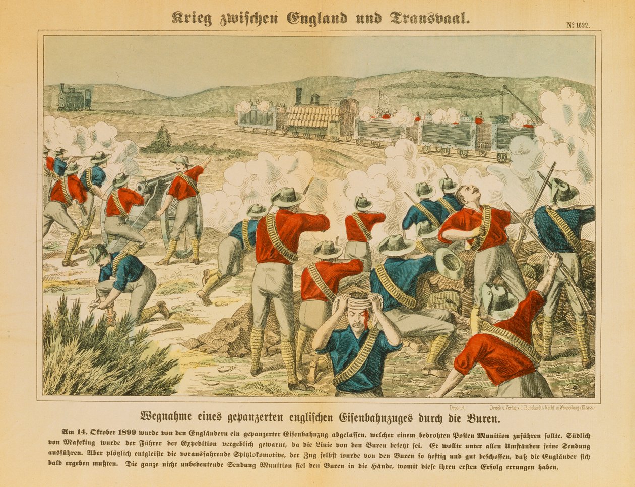Boerne beslaglægger et pansret engelsk tog under Anden Boerkrig, nær Maseking, 14. oktober 1899, udgivet af C. Burckhardts Nachf, Weissenburg, 1899 af German School