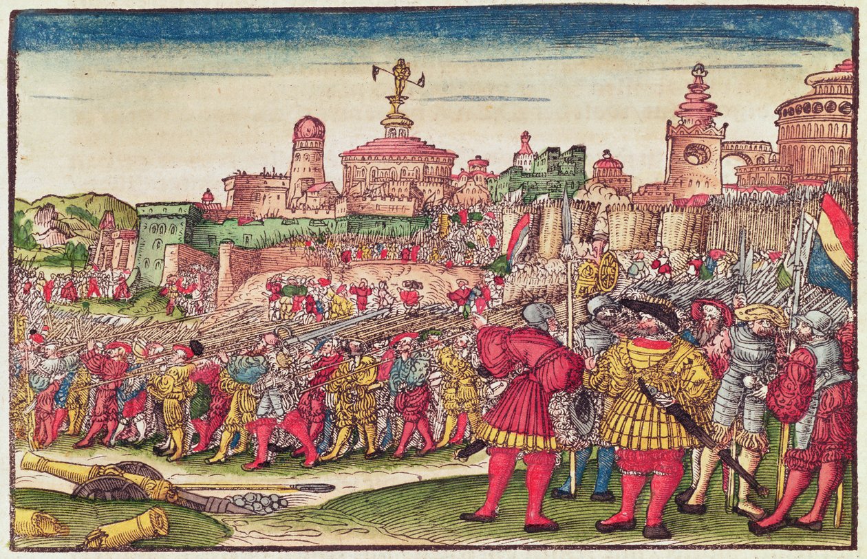 Åbenbaringsbogen, kapitel XXV, fra Lutherbibelen, ca. 1530 (farvet træsnit) af German School