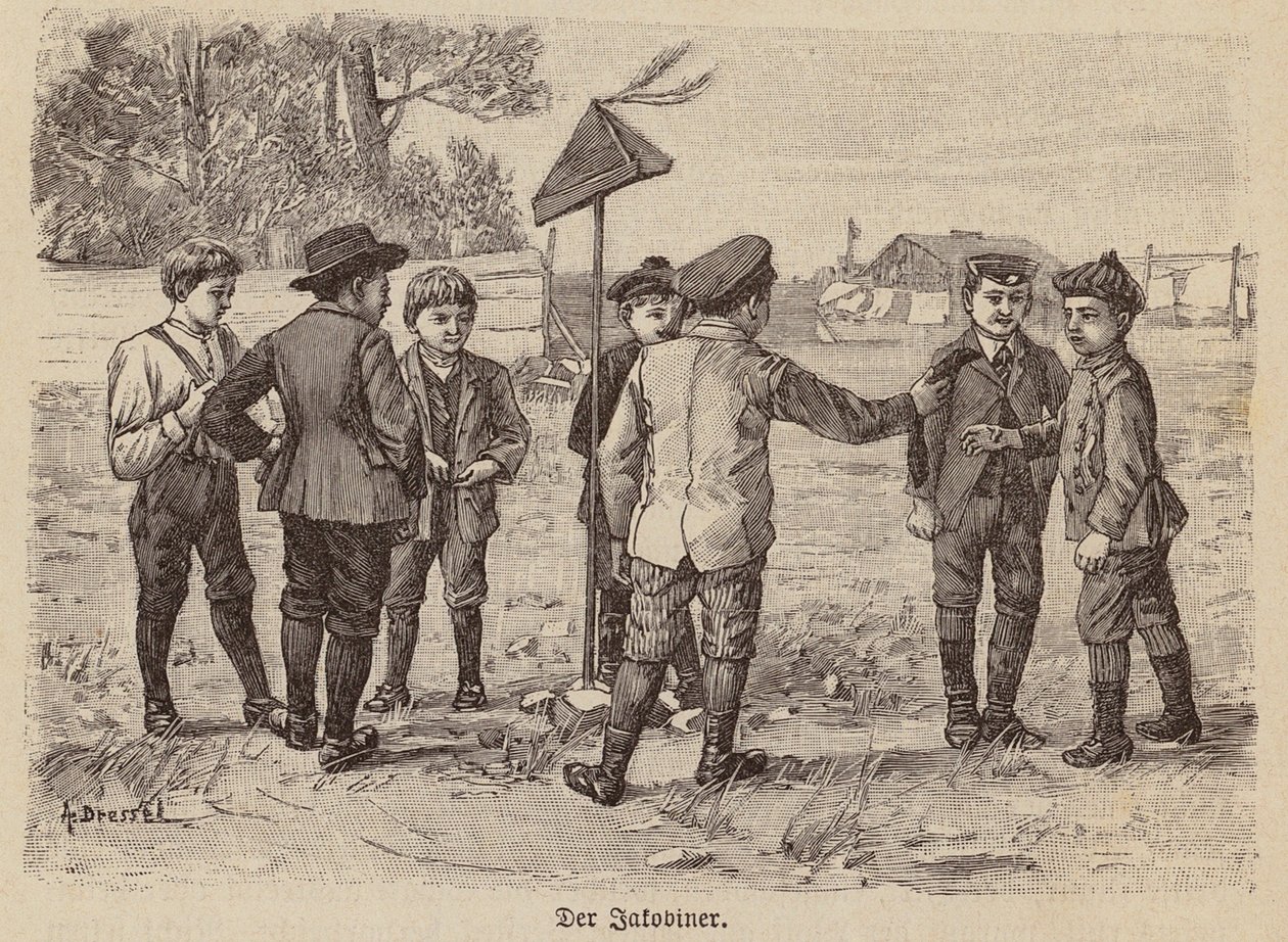 Drenge spiller Jacobin-kasketspil (gravering) af German School