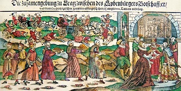 Broadsheet avisberetning og illustrationer af ærkehertuginde Maria Christina af Østrigs stedfortræderægteskab i marts 1595 med Sigismund Báthorys ambassadør, prinsen af Siebenbürgen (Transsylvanien) og af slaget ved Călugăreni i august 1595, ca. af German School