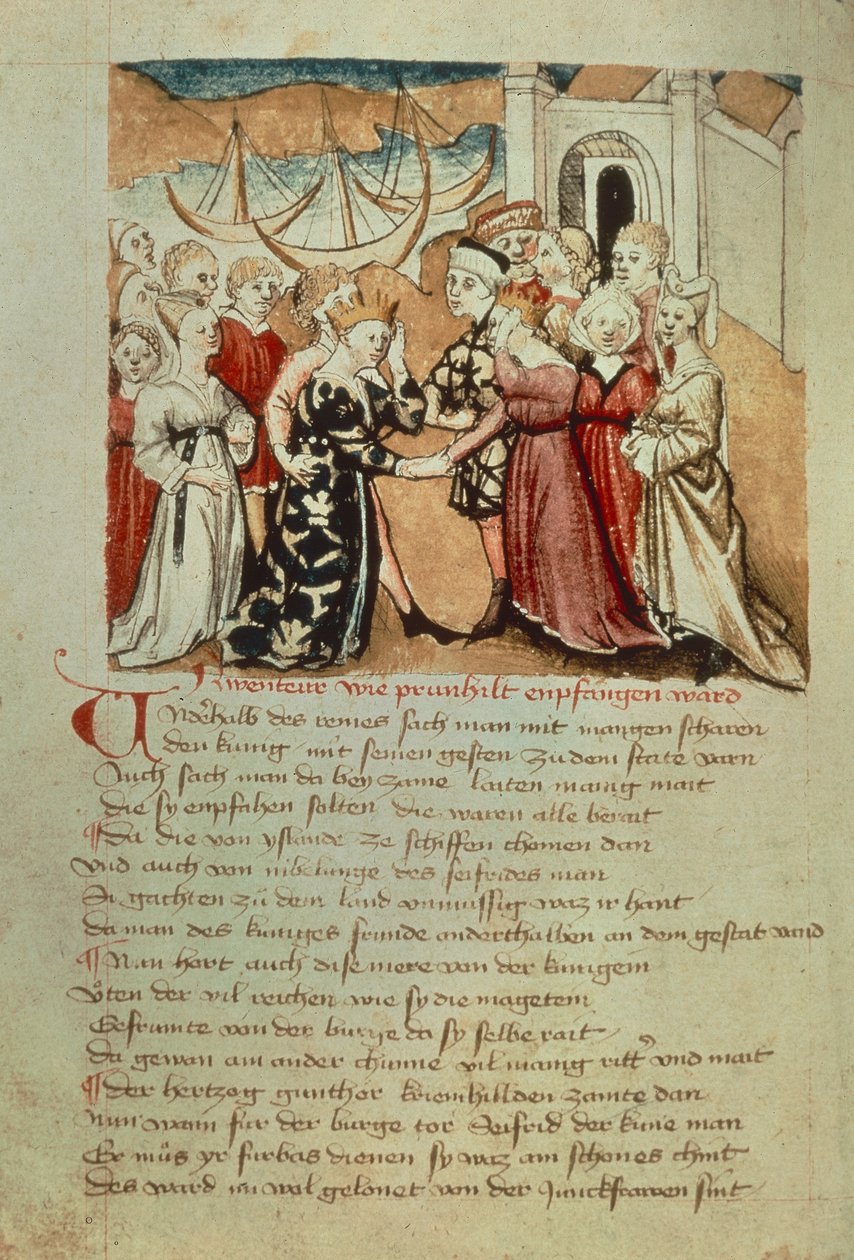 Brunhild går ind i orme; Kriemhild kommer fra Brunhild og Gunther fra 
