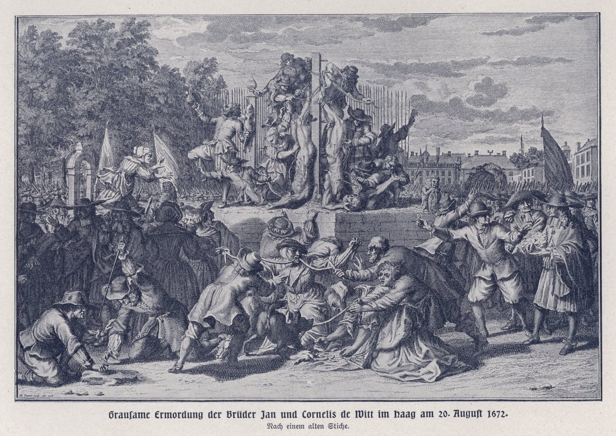 Brutalt mord på brødrene Jan og Cornelis de Witt begået af en orangistisk pøbel, Haag, Holland, 20. august 1672 (litografi) af German School