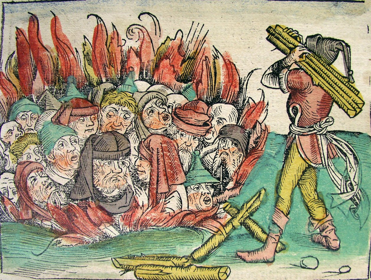 Afbrænding af jøderne, offentliggjort i Nürnberg Chronicle, 1493 af German School