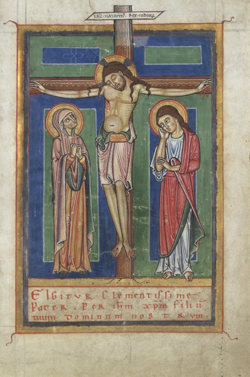 Kanonside fra et sakramentarium, med korsfæstelsen, ca. 1150-1160 (tempera og bladguld på pergament) af German School