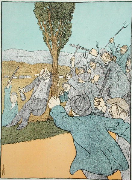 Karikatur fra tidsskriftet "Simplicissimus" med Clemenceau og de oprørske vinbønder, juli 1907 (farvelitografi) af German School