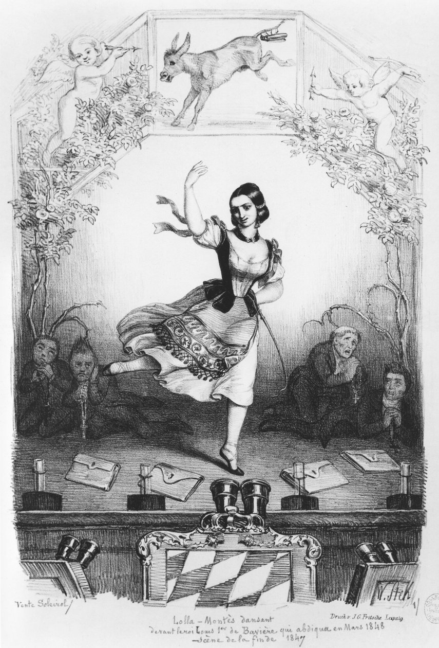 Karikatur af Lola Montes (1821-61) dansende foran kong Ludwig I af Bayern (1786-1868) ca. 1847 af German School