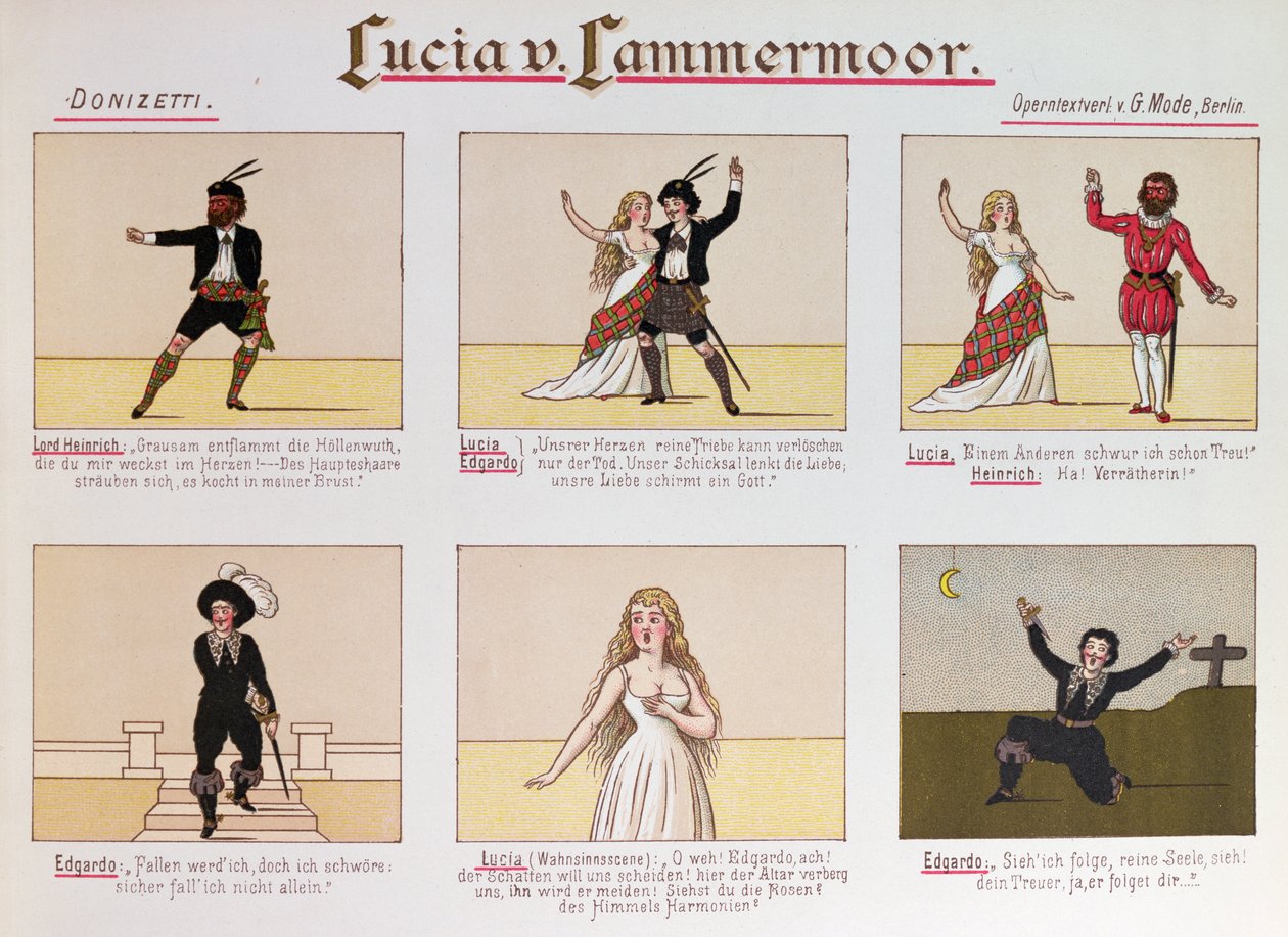 Tegnefilm gør grin med operaen Lucia di Lammermoor af Donizetti (farve litho af German School
