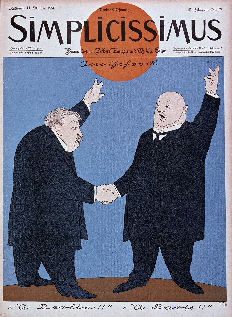 Tegnefilm om den fransk-tyske tilnærmelse: Briand og Stresemann - i "" Simplicissimus"" af 11/10/1926 (gravering) af German School