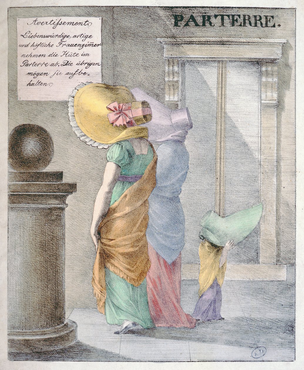 Tegneserie, der latterliggør mode for damer til at bære enorme hatte, omkring 1820 af German School
