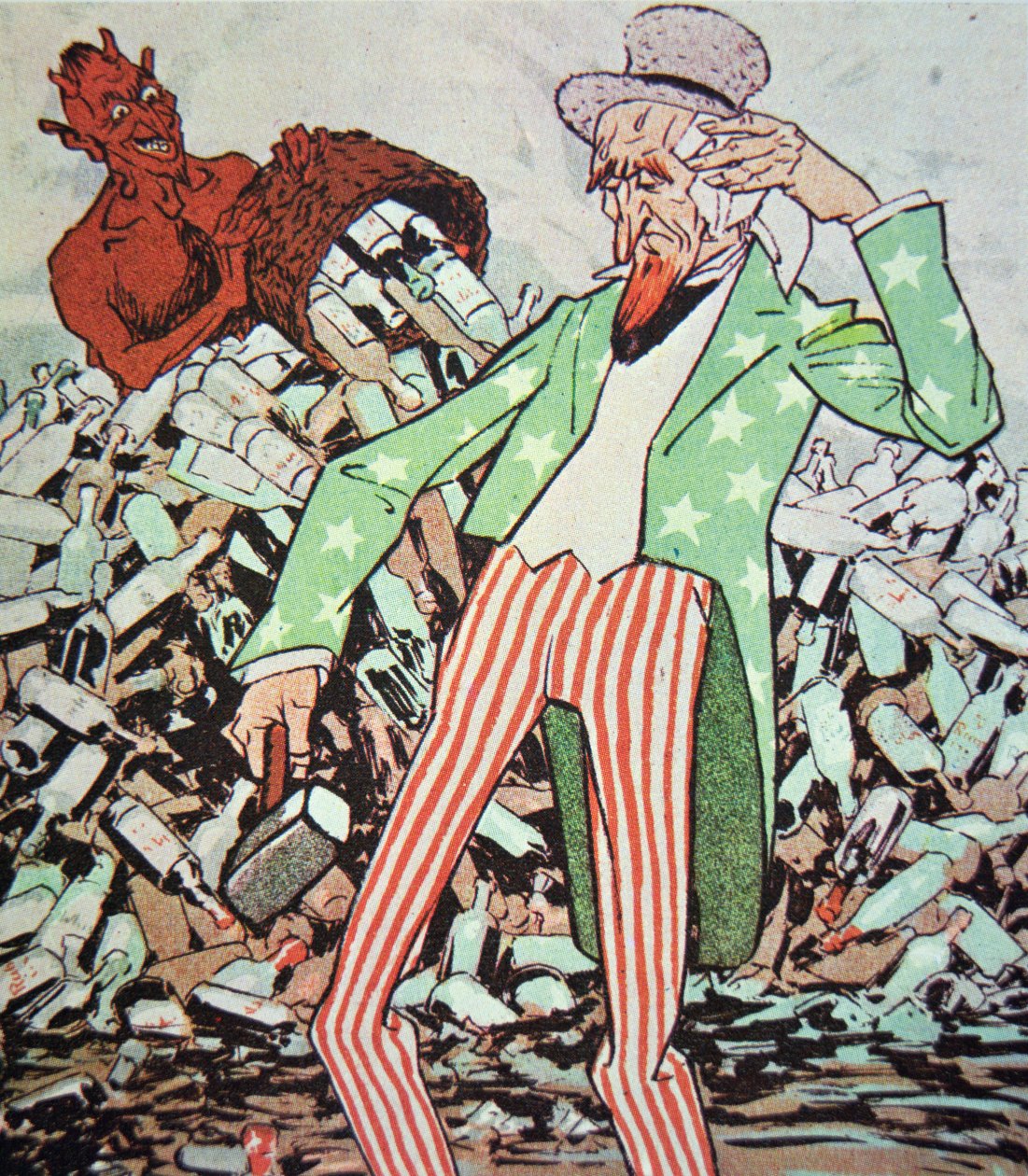 Tegneserie, der viser onkel Sam udmattet af strømmen af bootleg produceret af djævelen under forbudstiden (1920-33) (farve litho) af German School