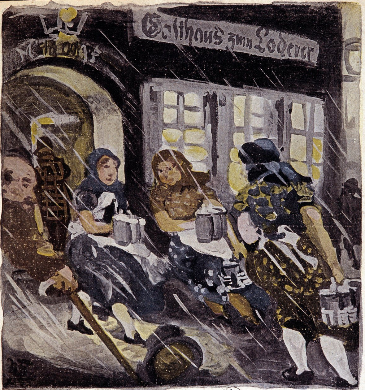 Karakterer på terrassen på bryggeriet Max Feldbauer under sneen, München (Munchen), Tyskland. Stik fra 1905. Paris, Dekorativ kunst af German School