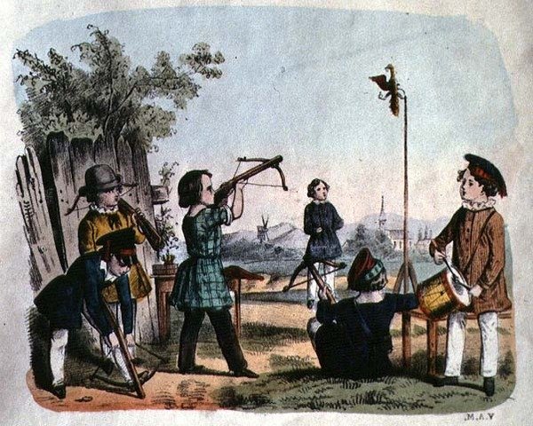 Børn, der skyder et mål med en arkebus, ca. 1860 (farvegravering) af German School