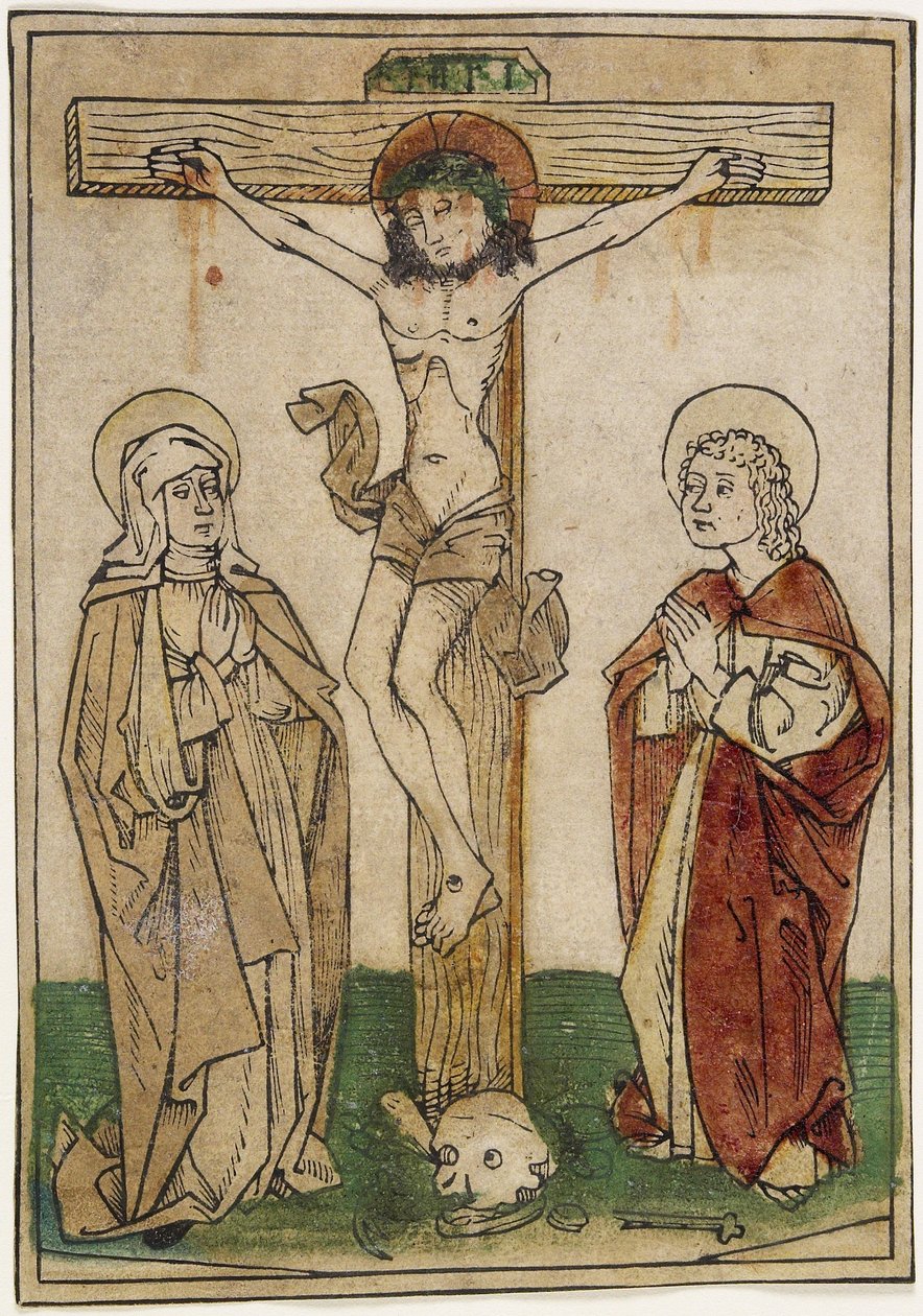 Kristus på korset med Maria og Johannes, ca. 1470-80 (håndfarvet træsnit på pergament) af German School