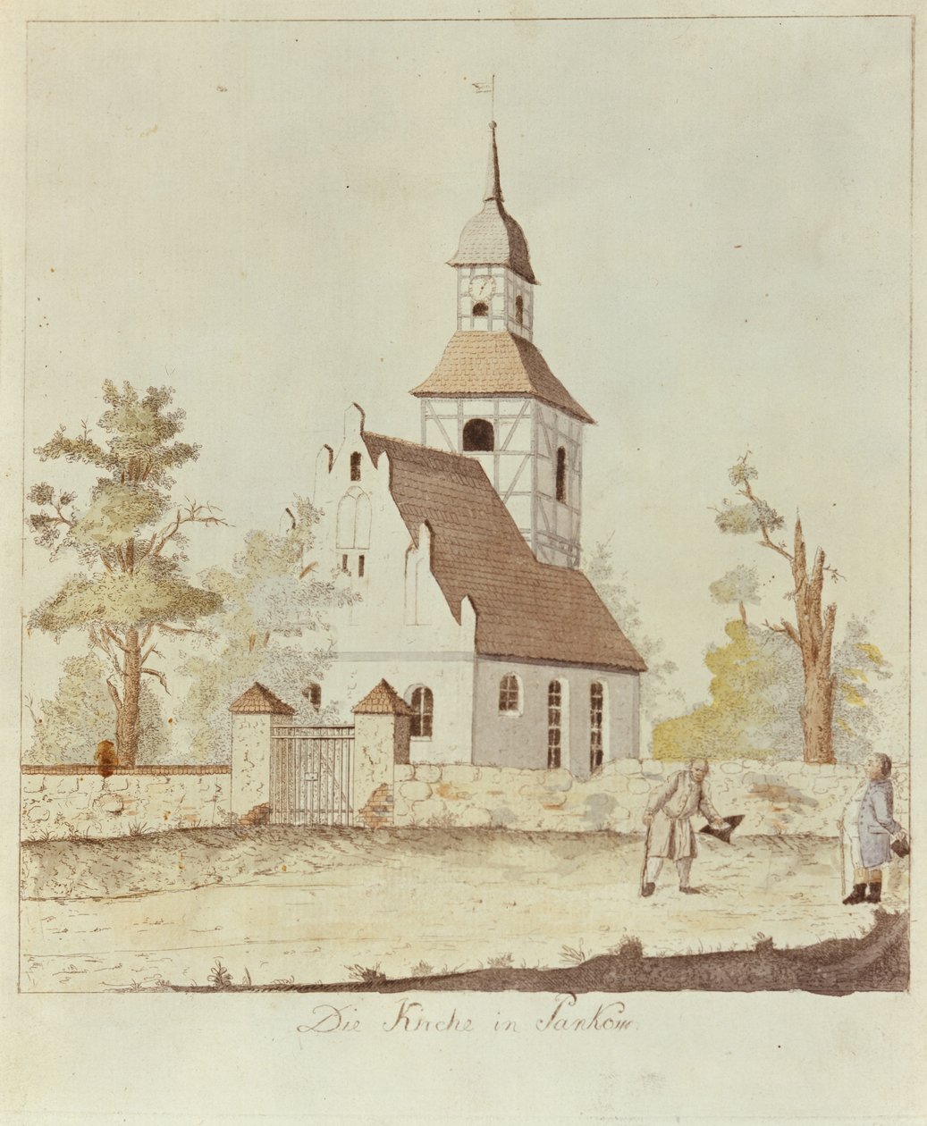Kirke i Pankow, Berlin (farvet radering) af German School