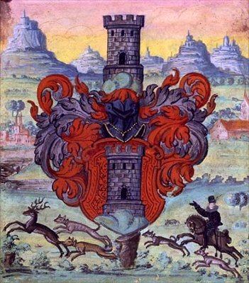 Våbenskjold inden for en jagtscene, ca. 1640 (gouache på vellum) af German School