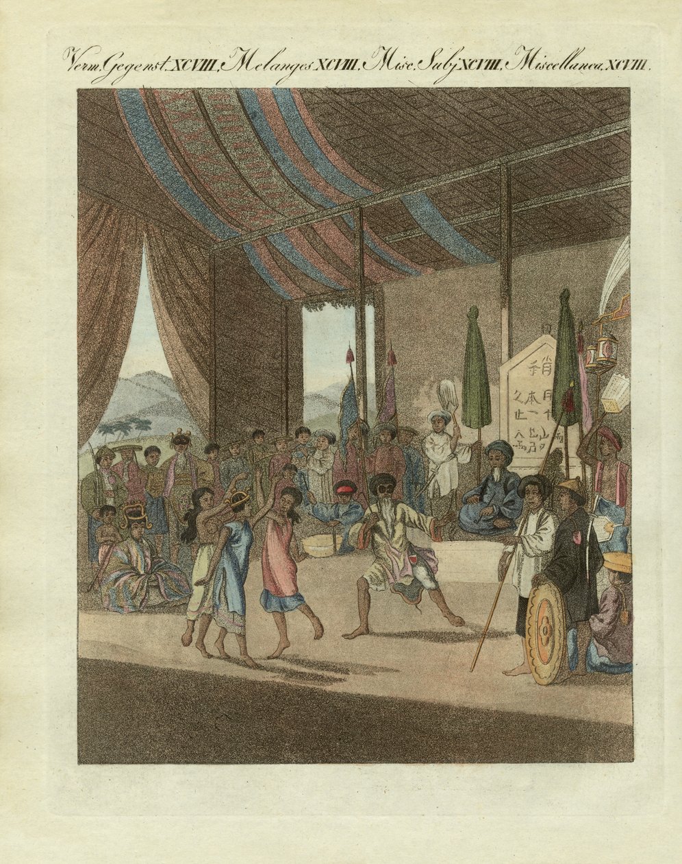 Cochin kinesisk opera (farvet gravering) af German School