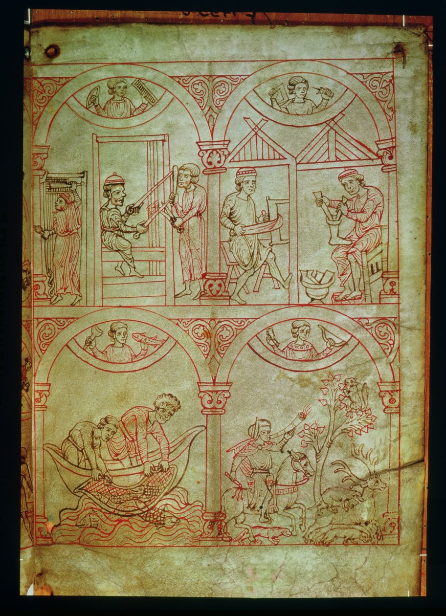 Codex 507 fol.2r Væver, Skomager, Fiskere og Jæger, fra Renner Musterbuch, c.1208-18 af German School