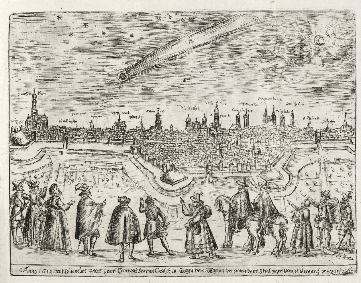 Komet set over Augsburg slutningen af november 1618, fra Cometen Historia, pub. 1618 af German School