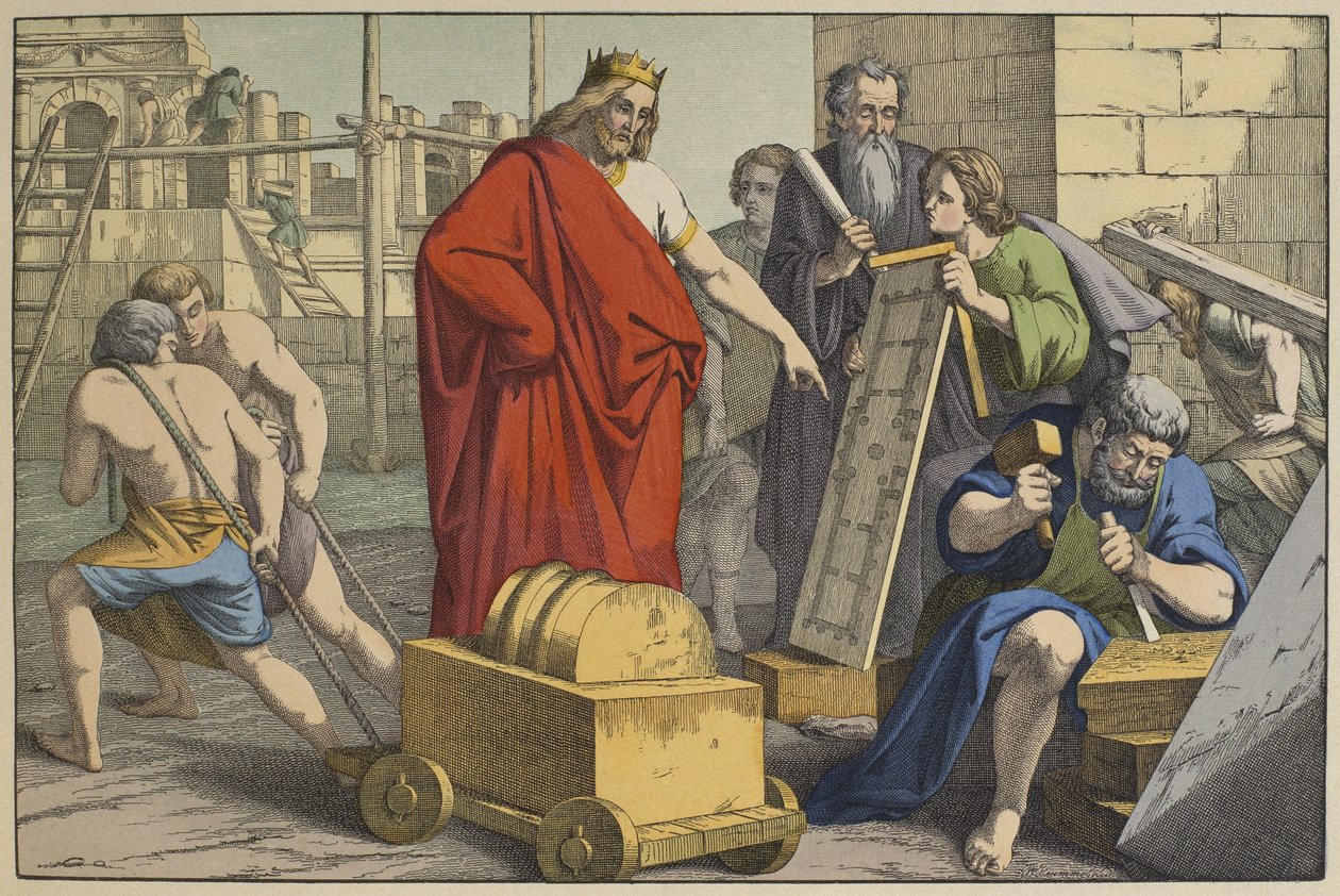 Konstruktion af Jerusalems tempel, illustration fra LANcien Testamente, udgivet af Jakob Ferdinand Schreiber, Esslingen (farvestik) af German School