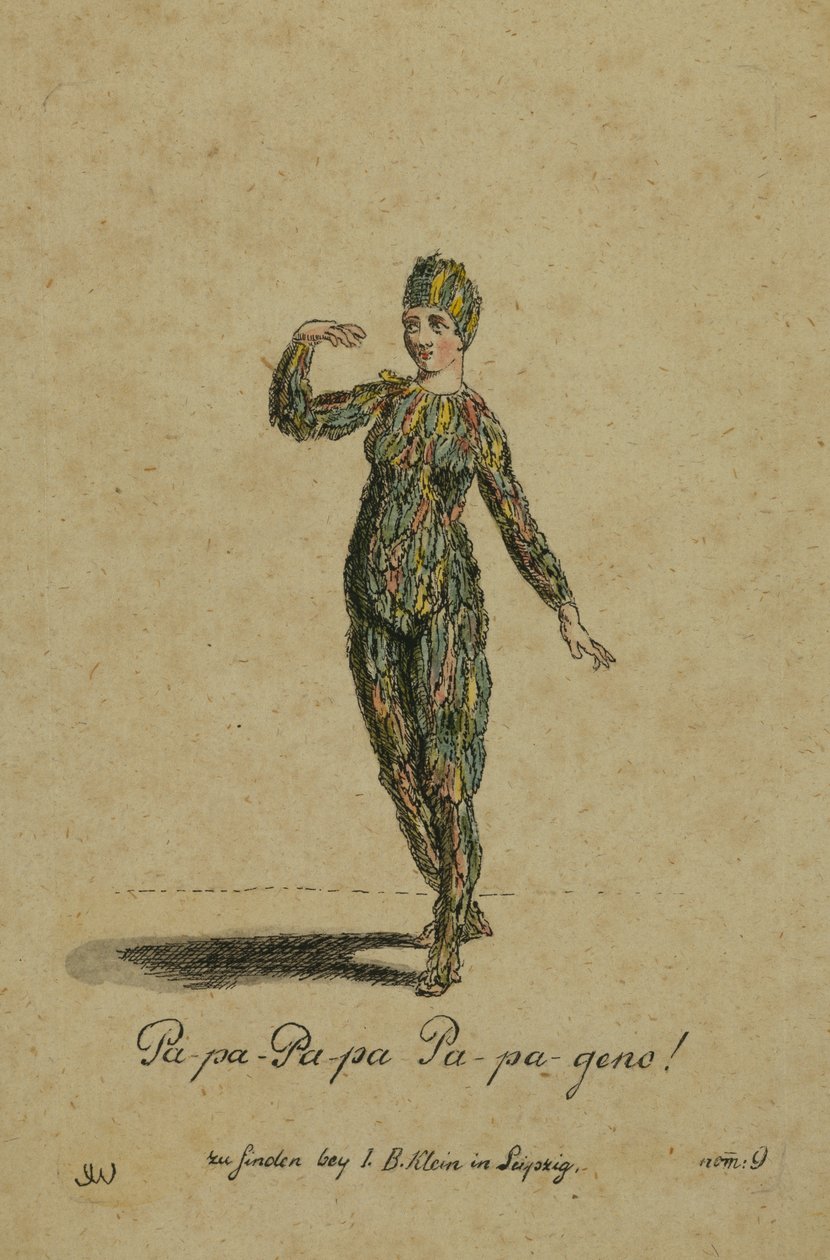 Kostumedesign til rollen som Papageno i operaen Tryllefløjten af Wolfgang Amadeus Mozart, udgivet i Leipzig af I. B. Klein, 1793 (farvestik) af German School