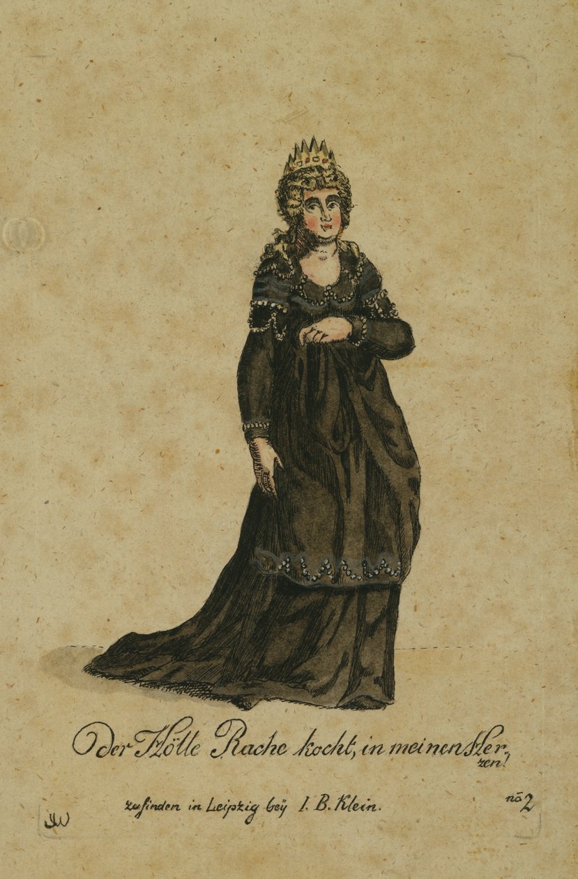 Kostumedesign til rollen som Nattens Dronning i operaen Tryllefløjten af Wolfgang Amadeus Mozart, udgivet i Leipzig af I. B. Klein, 1793 (farvestik) af German School