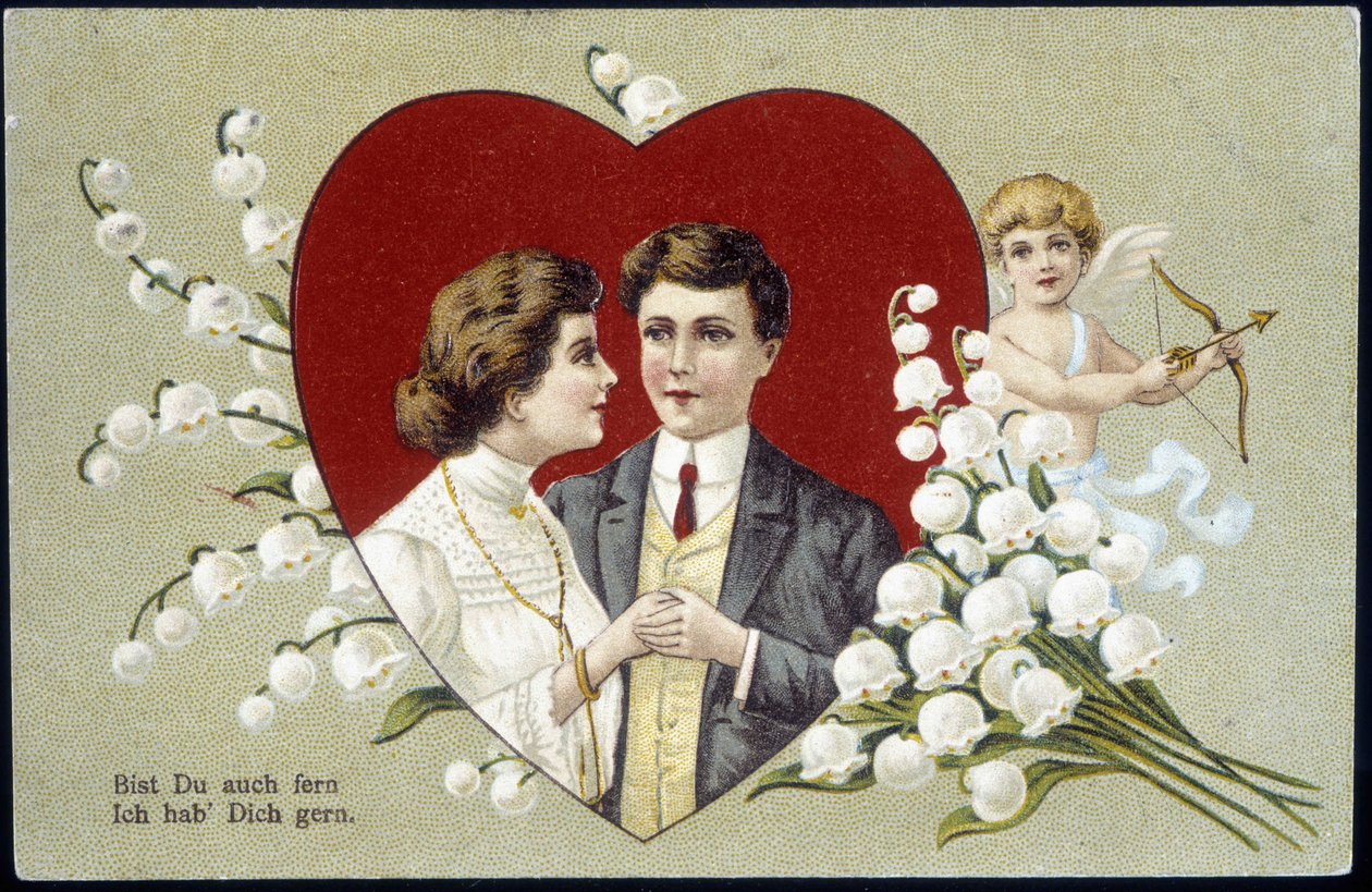 Et par elskende i et hjerte omgivet af liljekonval og Amor (Eros) - tysk postkort, 20. århundrede af German School