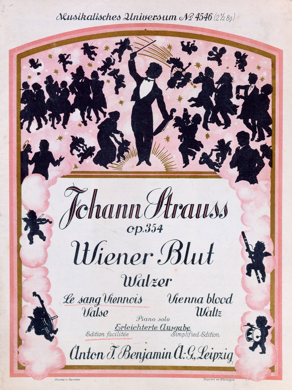 Cover af partituret af den berømte vals Wiener Blut op.354 af Johann Strauss II, (1825-99), 1930 af German School