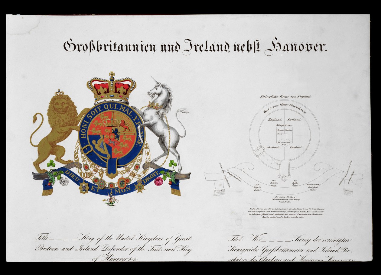 Crest of the King of the United Kingdom of Great Britain and Ireland, the Defender of the Faith og King of Hannover (ca. 1801-37) (se også 111319) af German School