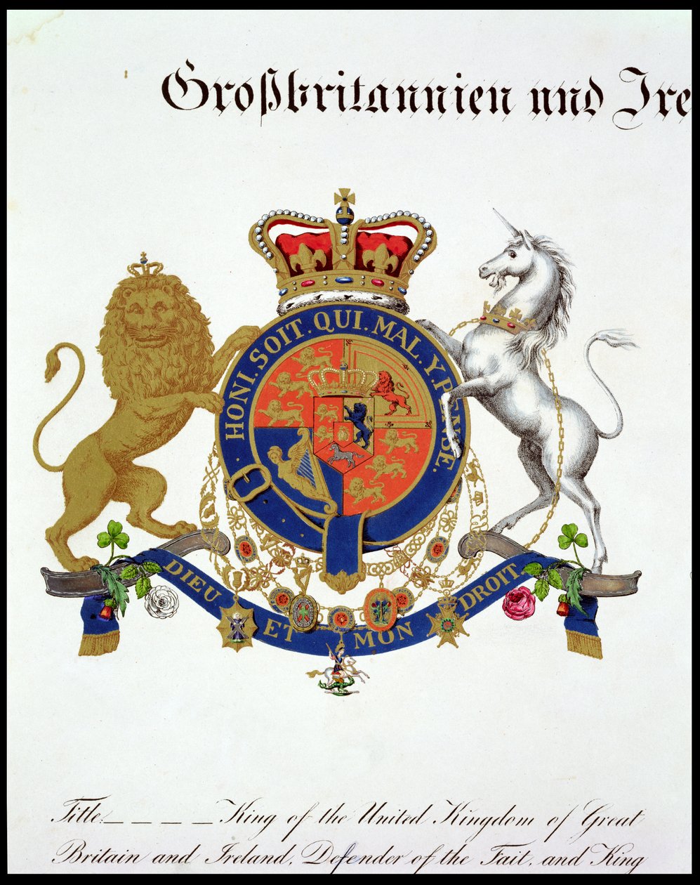 Crest of the King of the United Kingdom of Great Britain and Ireland, the Defender of the Faith og King of Hannover (ca. 1801-37) (se også 111318) af German School
