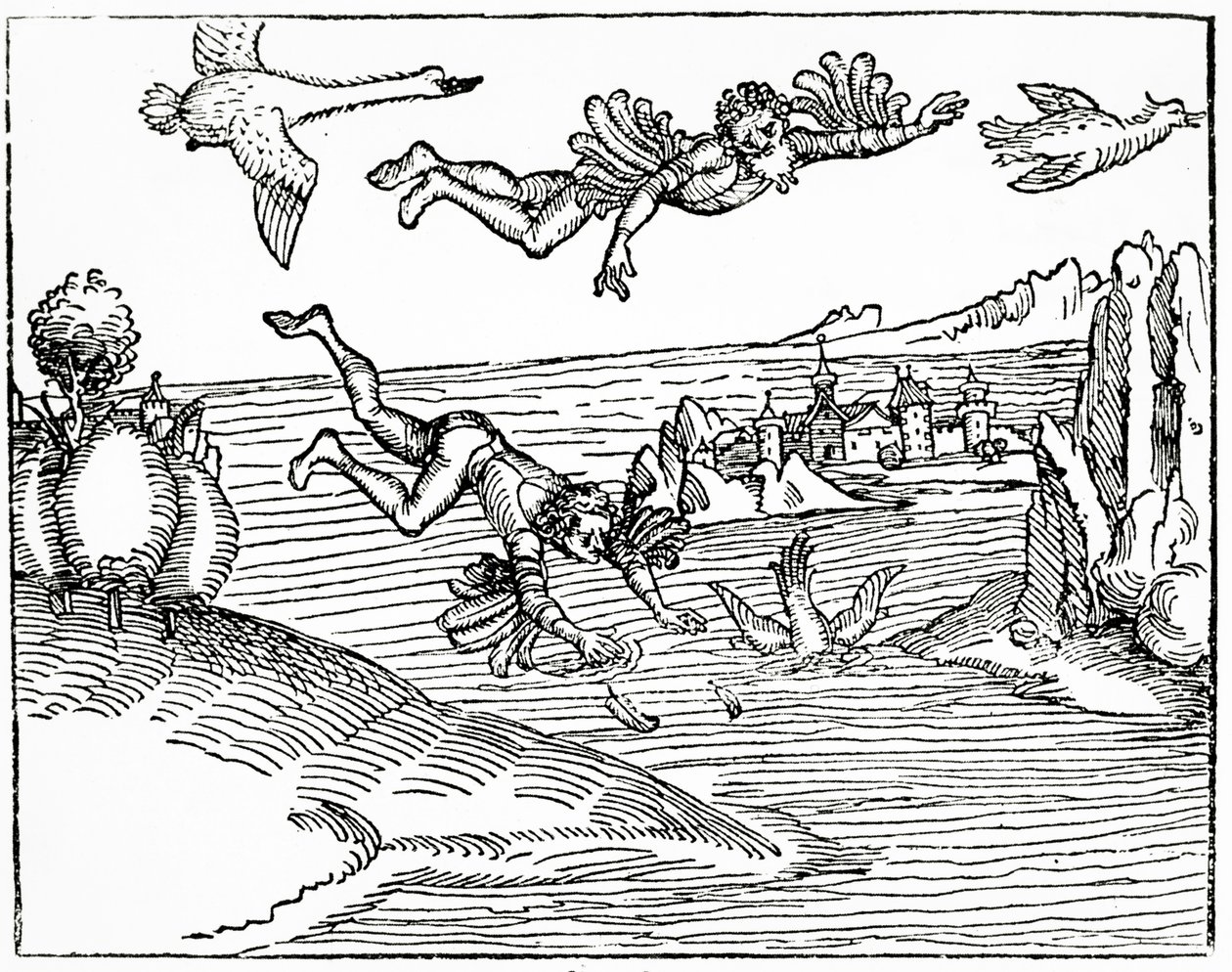 Daedalus, der flygter fra Kreta med sin søn, Icarus, ser ham falde i døden, 1493 (træsnitsgravering) af German School