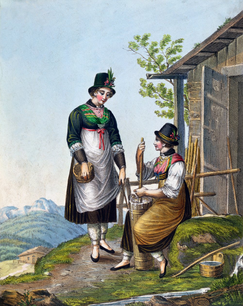 Mejerister i Alperne nær Tegernsee, begyndelsen af det 19. århundrede (farvegravering) af German School