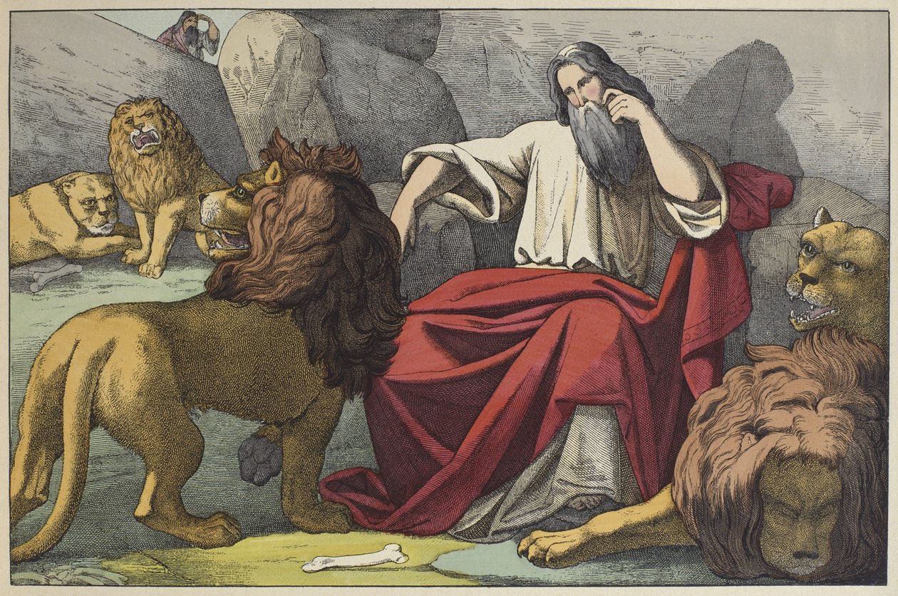 Daniel i løvehulen, illustration fra LANcien Testamente, udgivet af Jakob Ferdinand Schreiber, Esslingen (farvestik) af German School