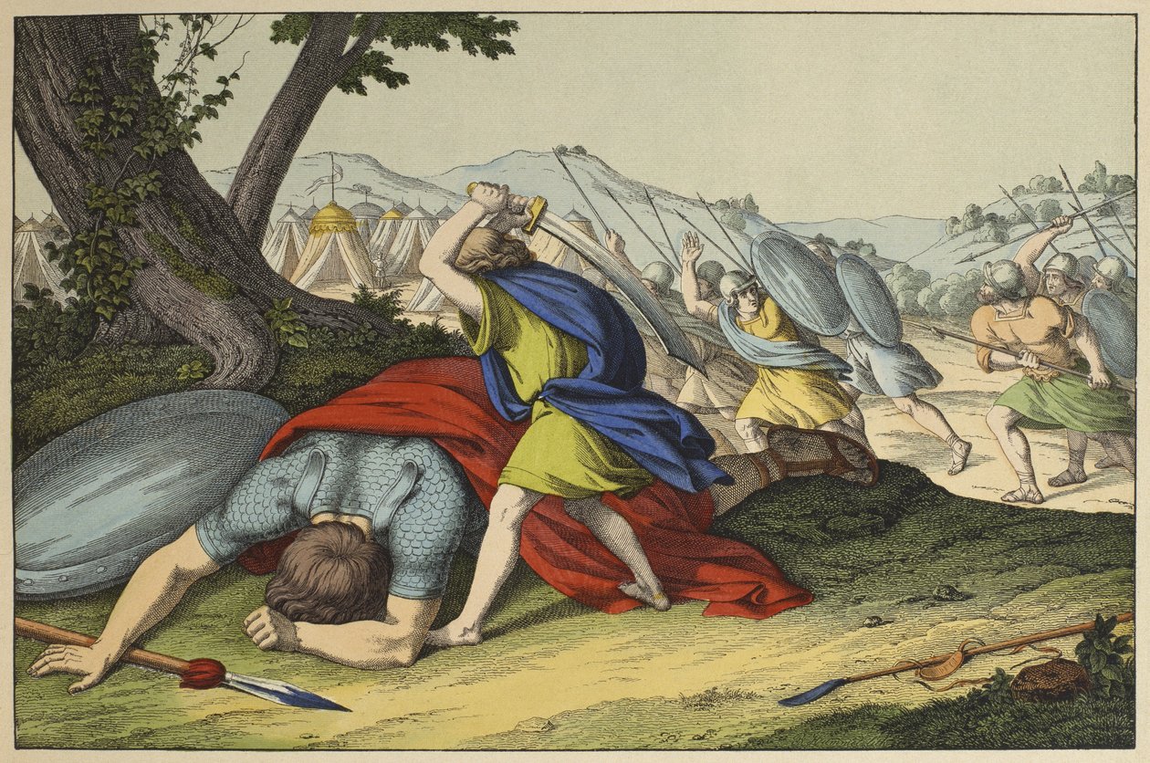 David og Goliath, illustration fra LANcien Testamente, udgivet af Jakob Ferdinand Schreiber, Esslingen (farvestik) af German School