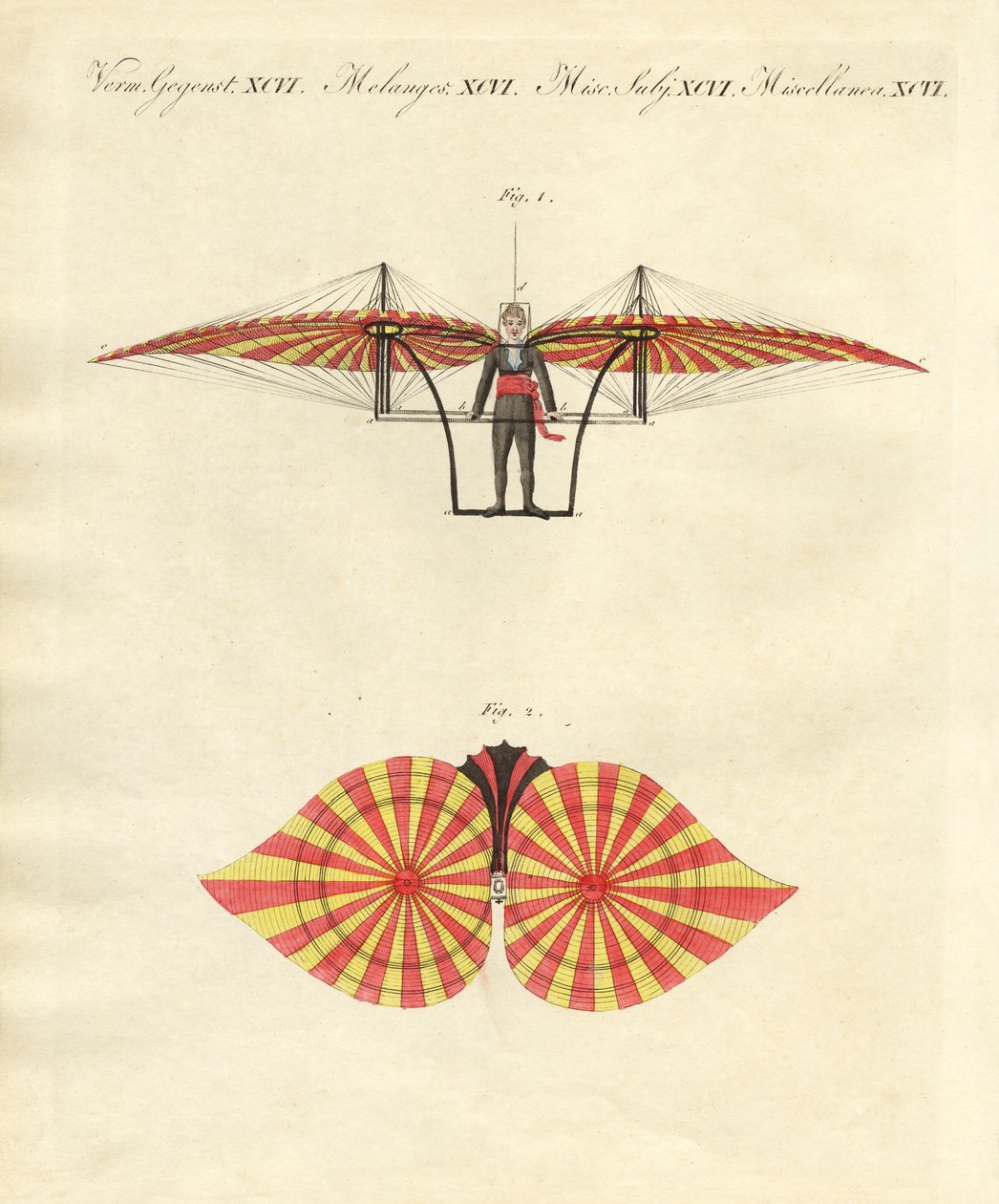 Degens flyvemaskine (farvet gravering) af German School