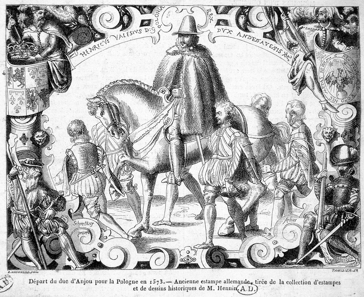 Hertugen af Anjous afgang til Polen i 1573 (valgt til konge af Polen, han vil tage sin krone i besiddelse) - Et gammelt tysk tryk fra samlingen af tryk og historiske tegninger af hr. Hennin. af German School