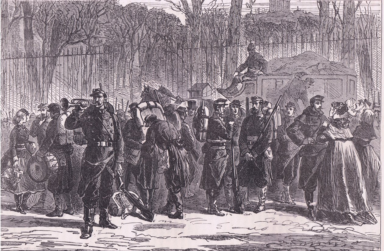 Afgang af det tiende regiment af nationale garder til avancerede poster, Cassells historie om krigen mellem Frankrig og Tyskland udgivet af Cassell and Company Limited, ca. 1890 (litho) af German School