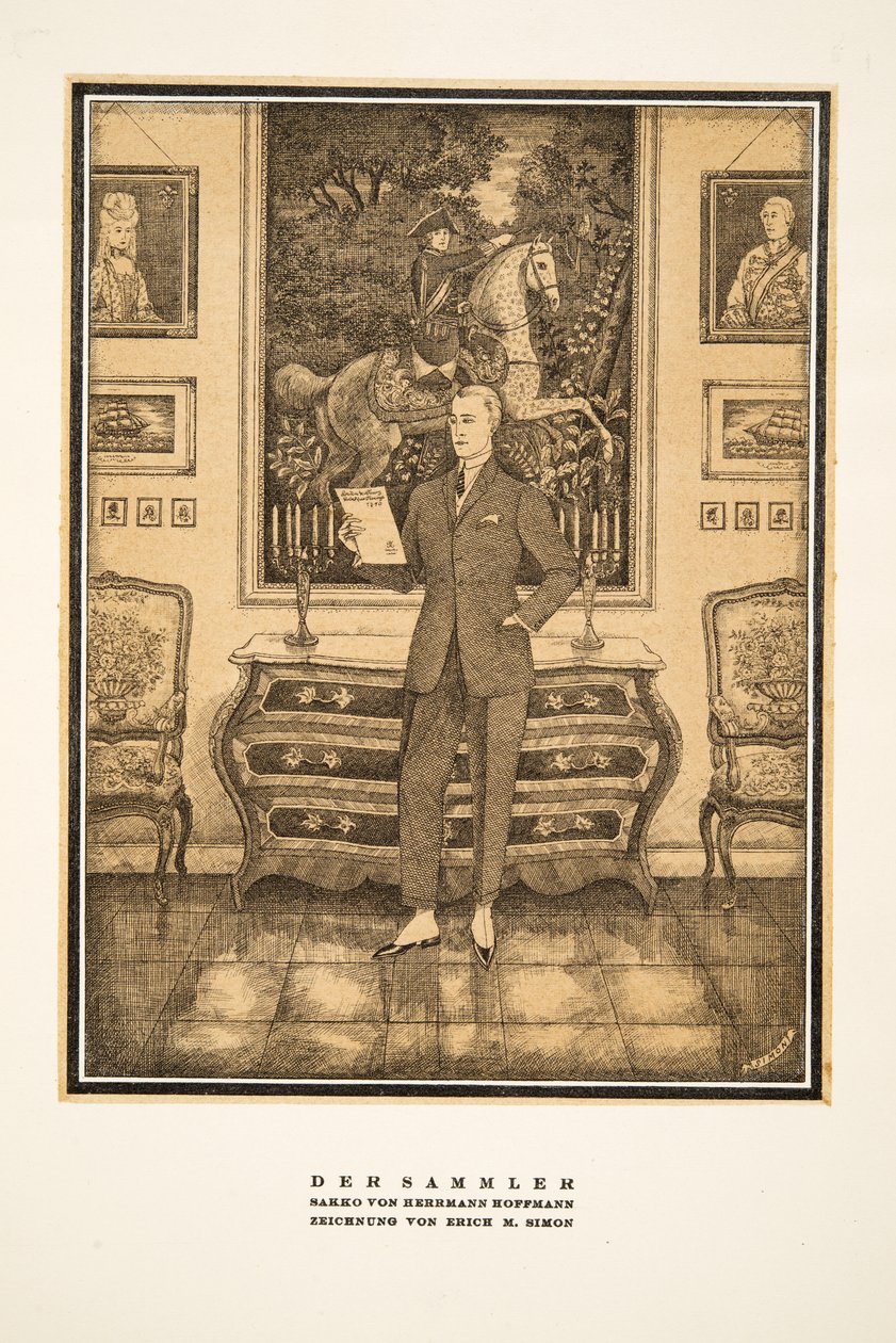 Der Sammler, reklame for herremode af Hermann Hoffmann, fra Styl, pub.1922 (pochoir print) af German School