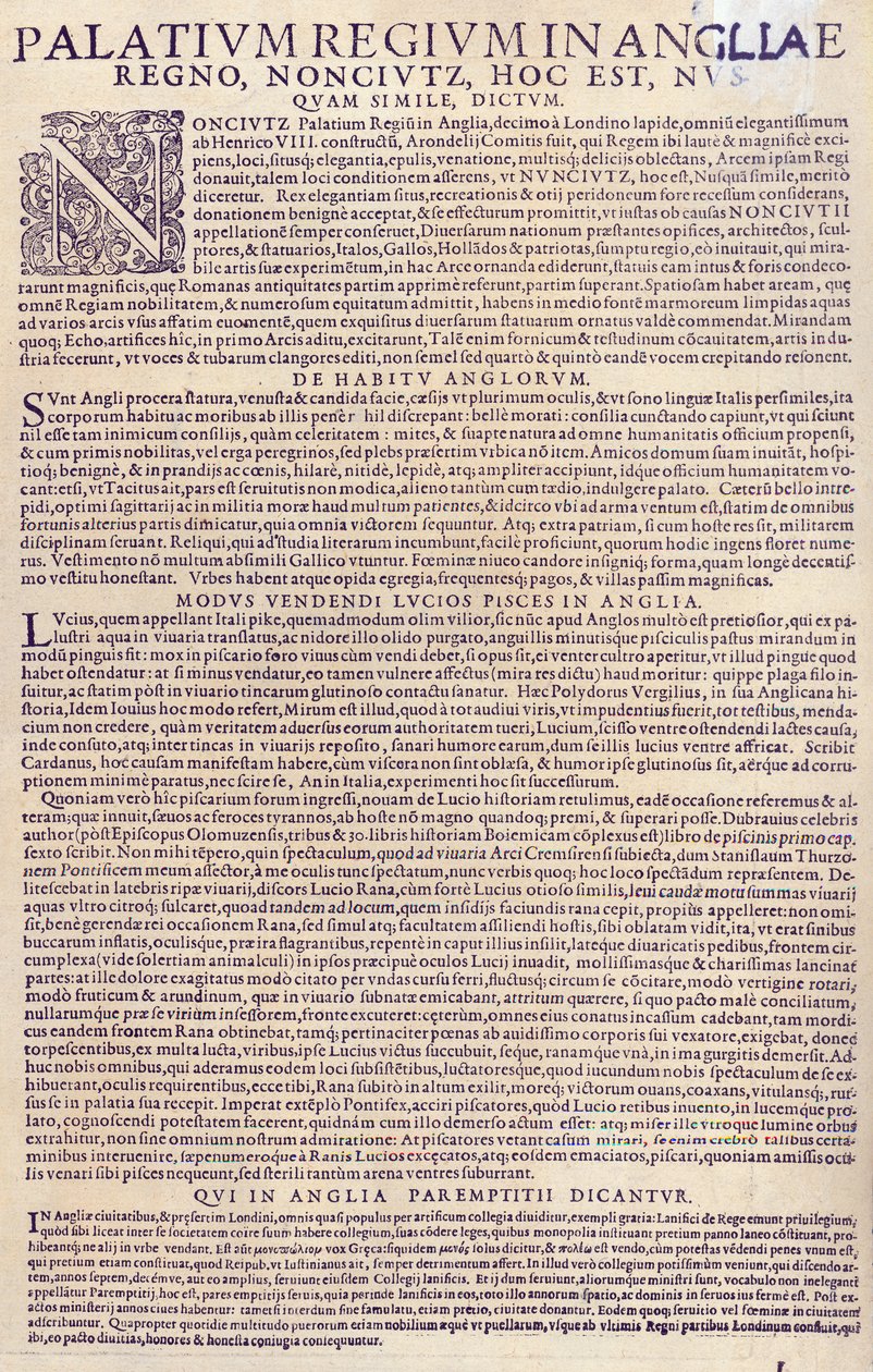 Beskrivelse af Palace of Nonesuch, englændere, deres udseende og skikke, måde at sælge fisk på i England og beskrivelse af læreordningen, 1598 (trykt papir) (se også 3 af German School