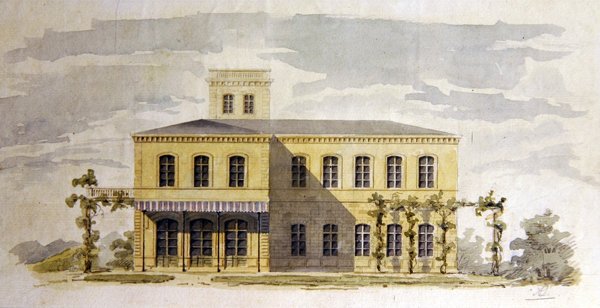 Design til en italiensk klassisk villa, ca. 1850 (akvarel med pen og blæk på papir) af German School
