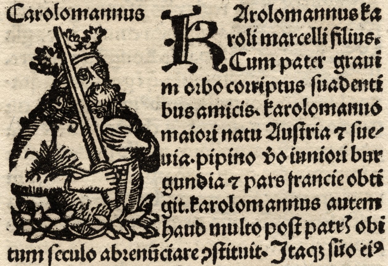Detalje fra et originalt incunabelt blad, der forestiller Karl den Store (742-814) før 1500 (se også 237071) af German School
