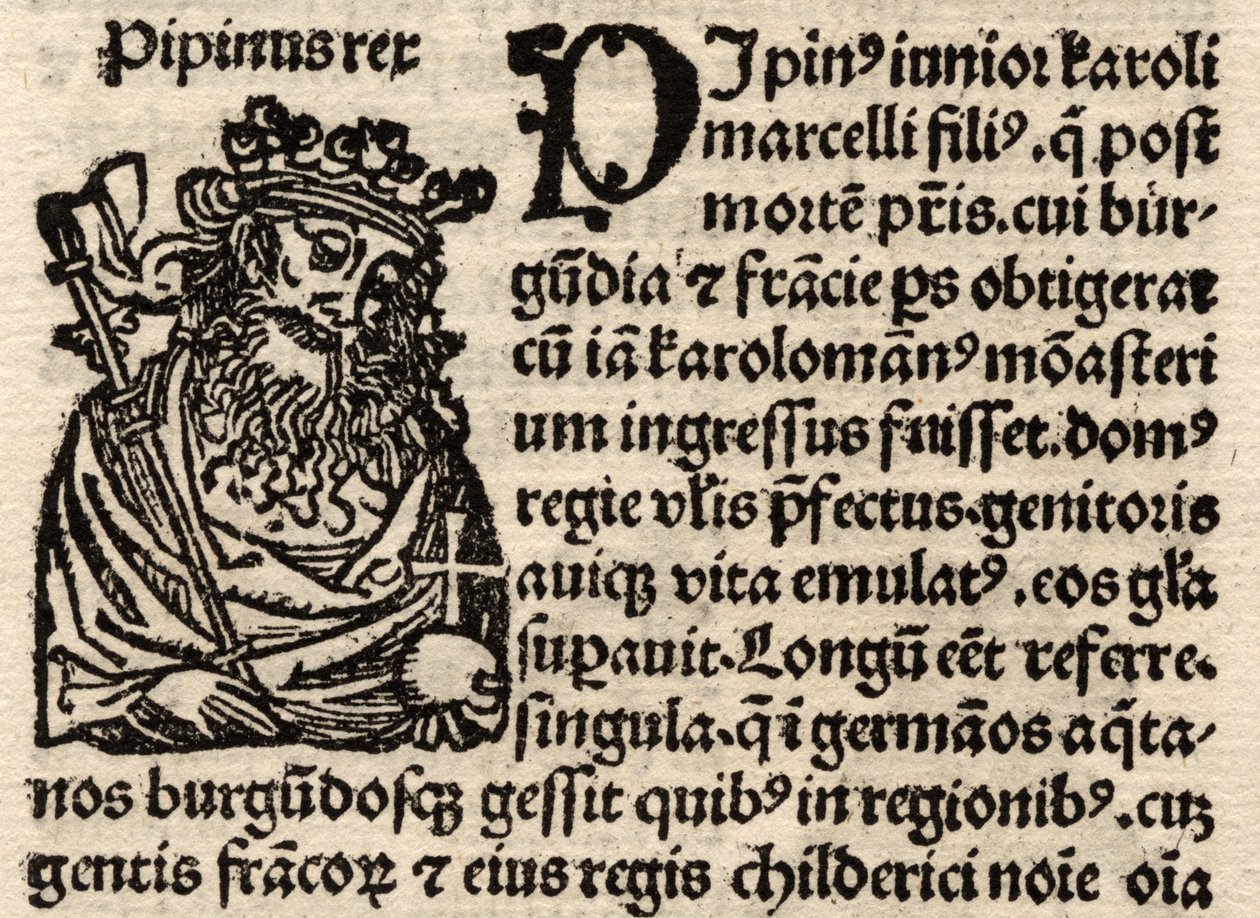 Detalje fra originalt incunabelt blad, forestillende Pepin I (803-38) før 1500 (se også 237070) af German School
