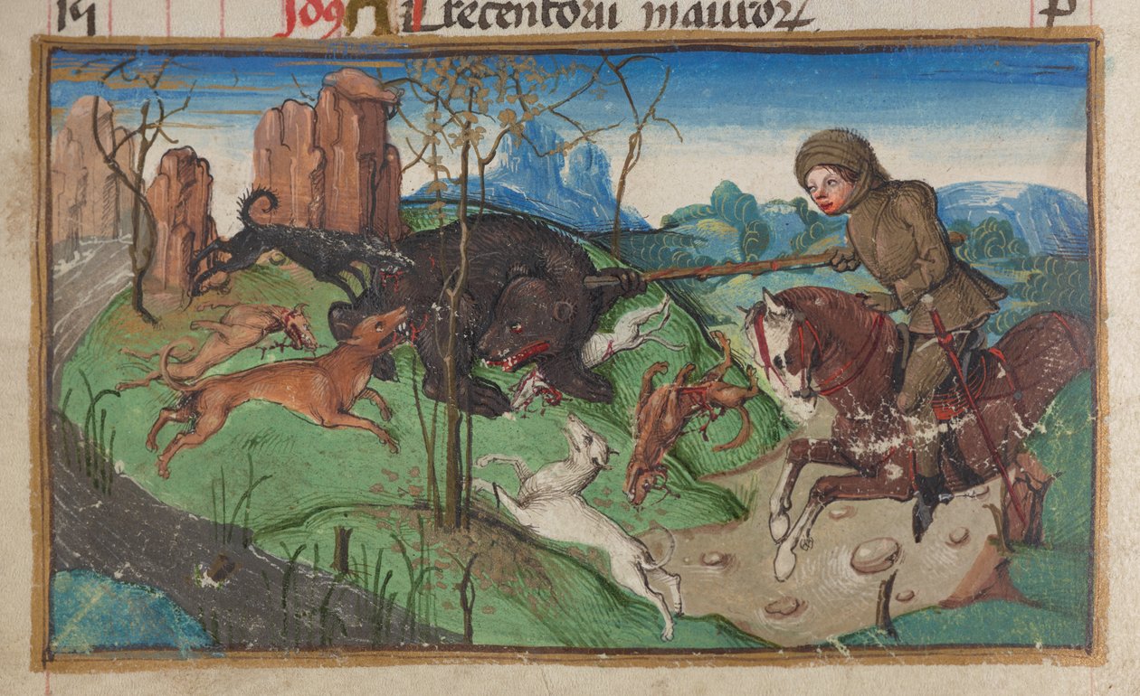Detalje af en miniature af en adelsmand, der er engageret i bjørnejagt, fra kalendersiden for oktober, ca. 1475-1485 af German School
