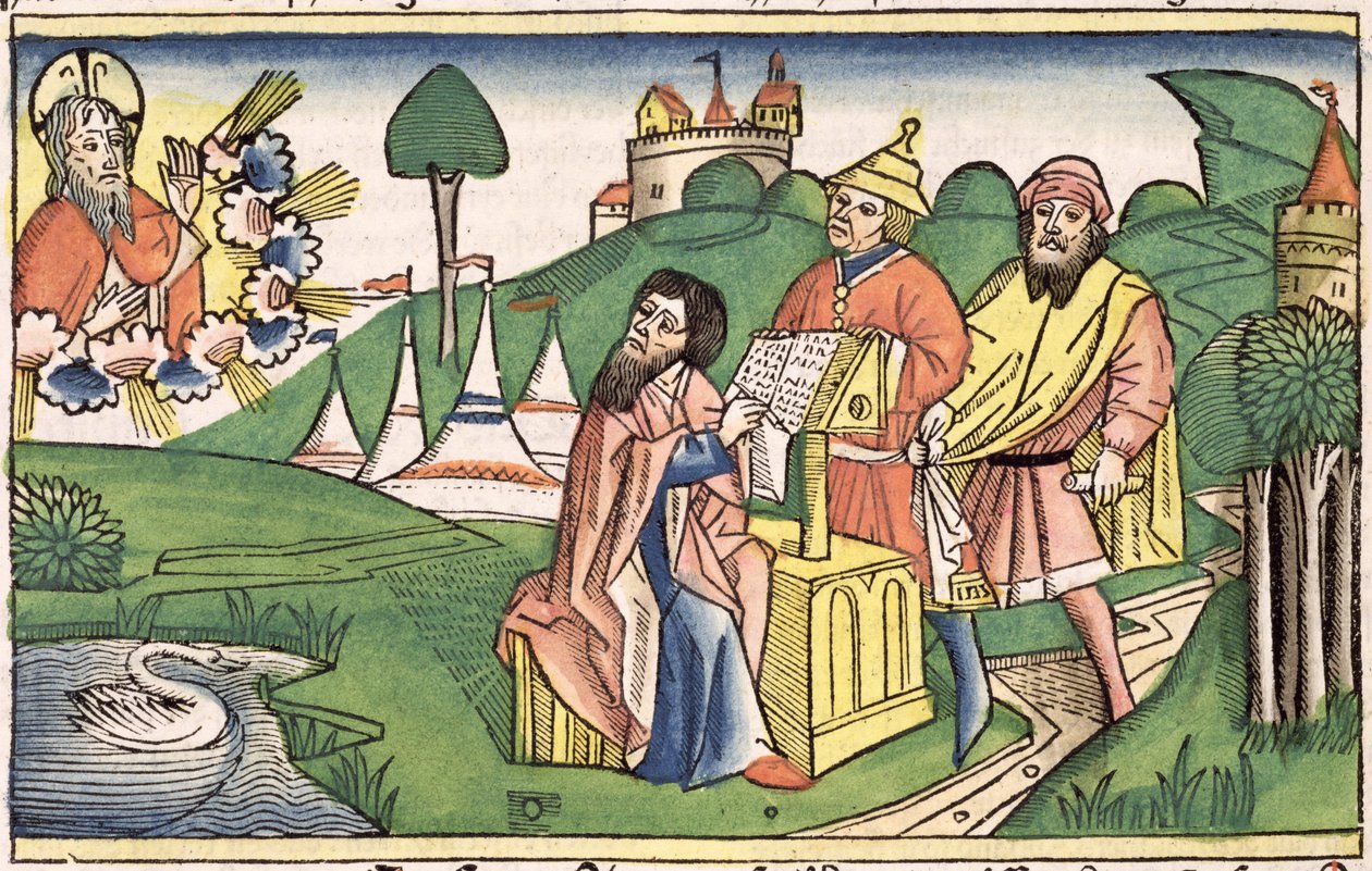 Femte Mosebog: Frontispice, hvor Gud laver lovene, fra Nürnbergbibelen (Biblia Sacra Germanaica) (farvet træsnit) af German School