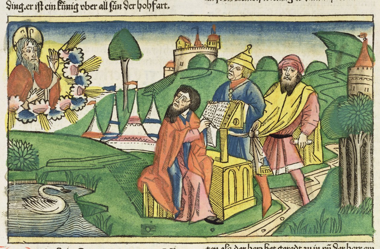Femte Mosebog: Frontispice, hvor Gud laver lovene, fra Nürnbergbibelen (Biblia Sacra Germanaica) (farvet træsnit) af German School
