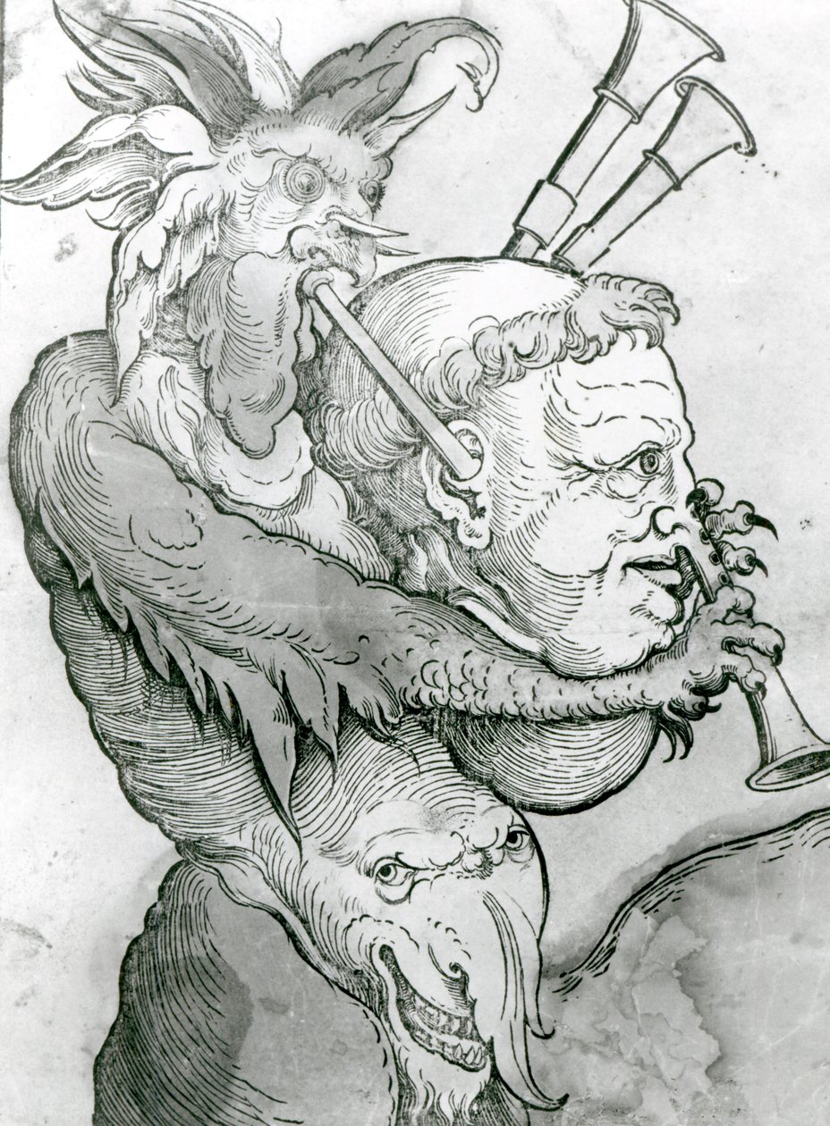 Devil Playing Mans Head as Sækkepiber, 1144 (træsnit) af German School