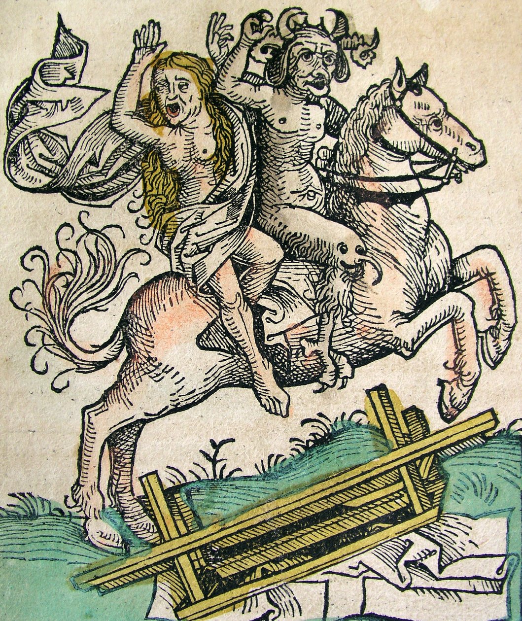 Djævelen og en kvinde på hesteryg, udgivet i Nürnberg Chronicle, 1493 af German School